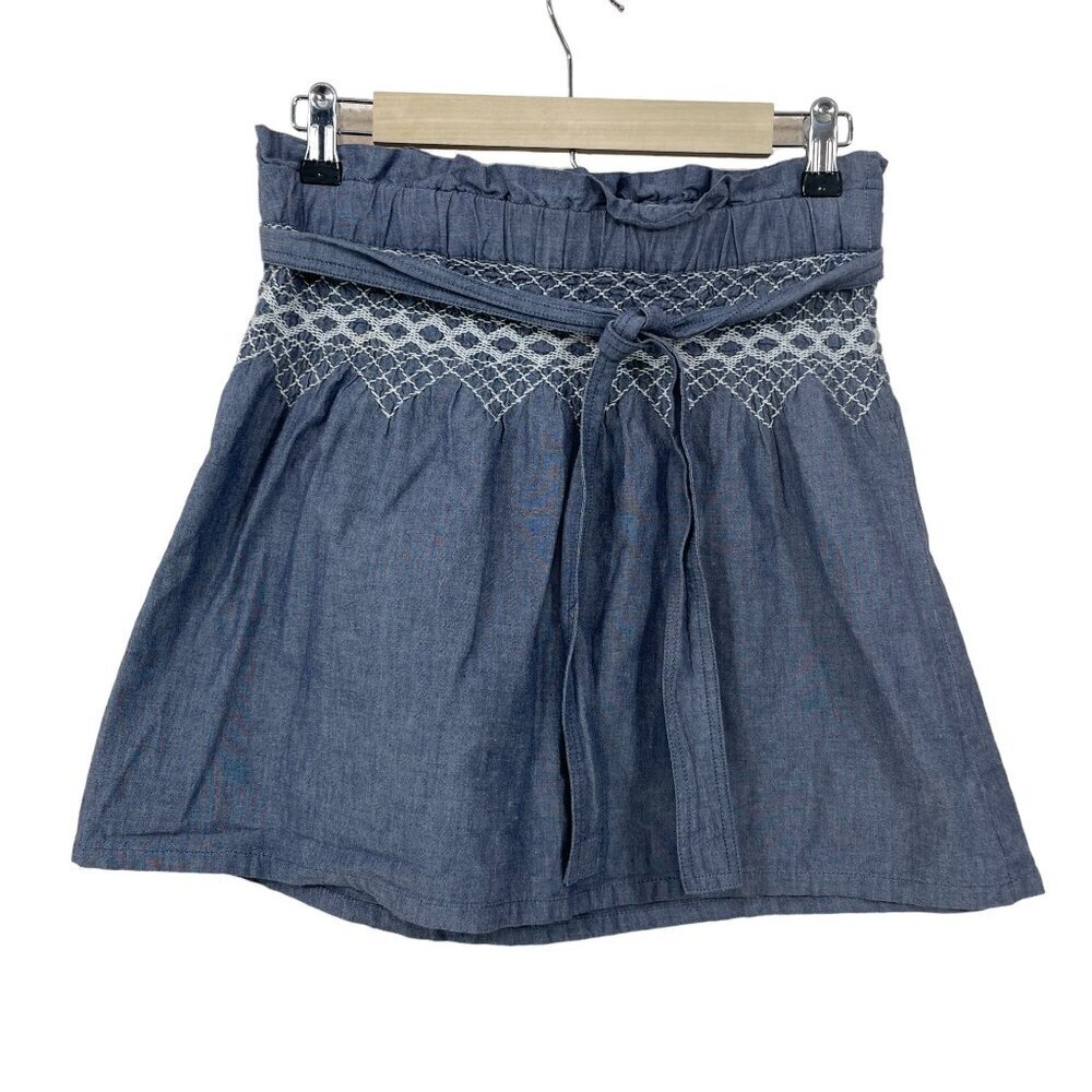 Current/Elliott‎ Women's Size 1 Mini Skirt Tie Waist Embroidered Blue Cotton
